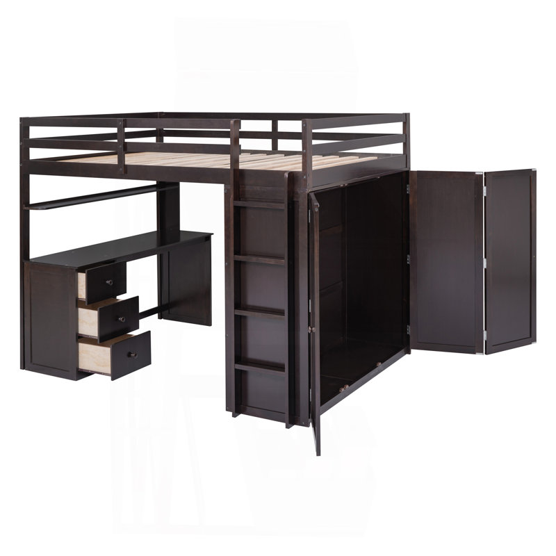 Lit mezzanine avec tiroirs, bureau et armoire-espresso, Lit double