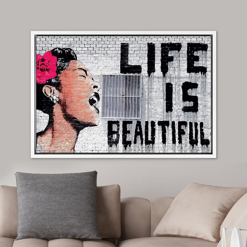 Banksy Life is Beautiful Billie Holiday Graffiti & Street Art Célèbre Pop Moderne Urbain Multicolore, H 16 po x l 24 po