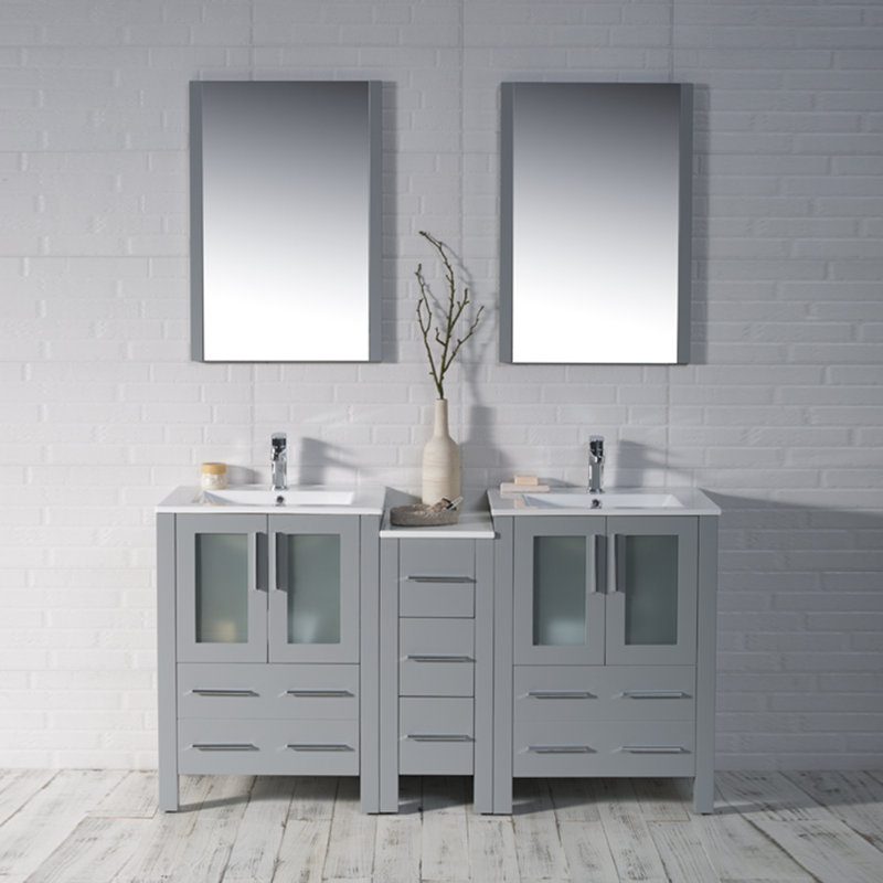 Mance 60.625'' Double Bathroom Vanity with Ceramic Top, Metal Gray