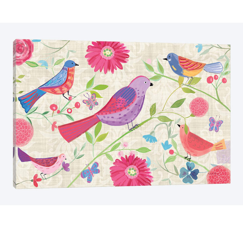 «Damask Floral and Bird, Rectangluar», reproduction sur toile, H 8 po x l 12 po x P 0,75 po, Pas de tapis, Toile tendue