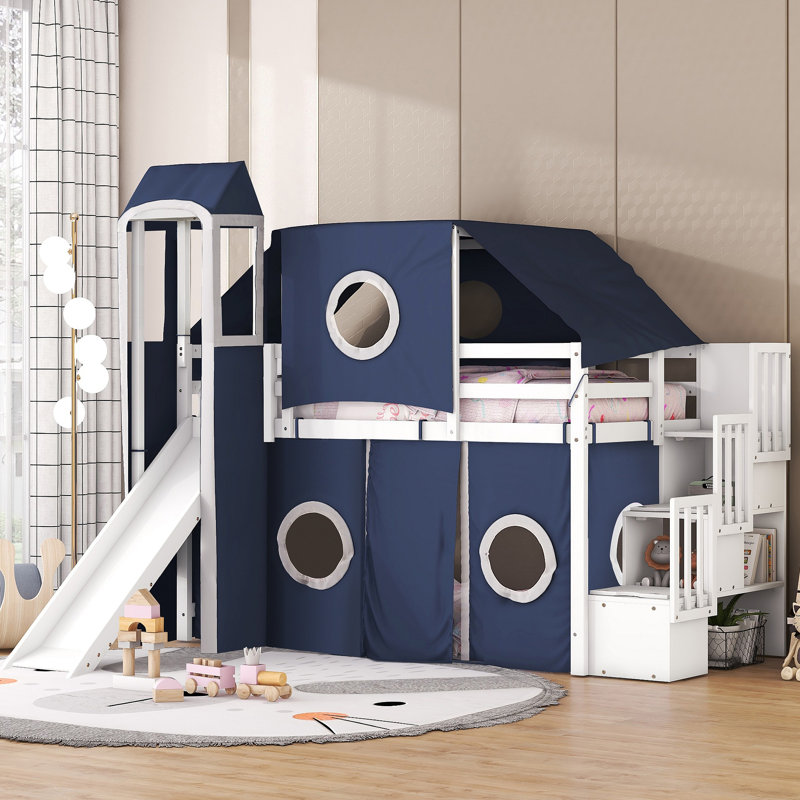 Lit mezzanine avec tente et tour, Bleu, Lit simple