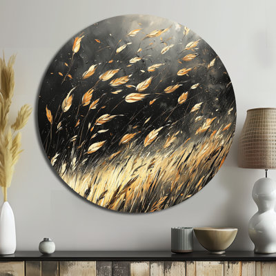 Windy Prairie Leaves II - prairie sur cercle en métal, art mural traditionnel jaune en métal