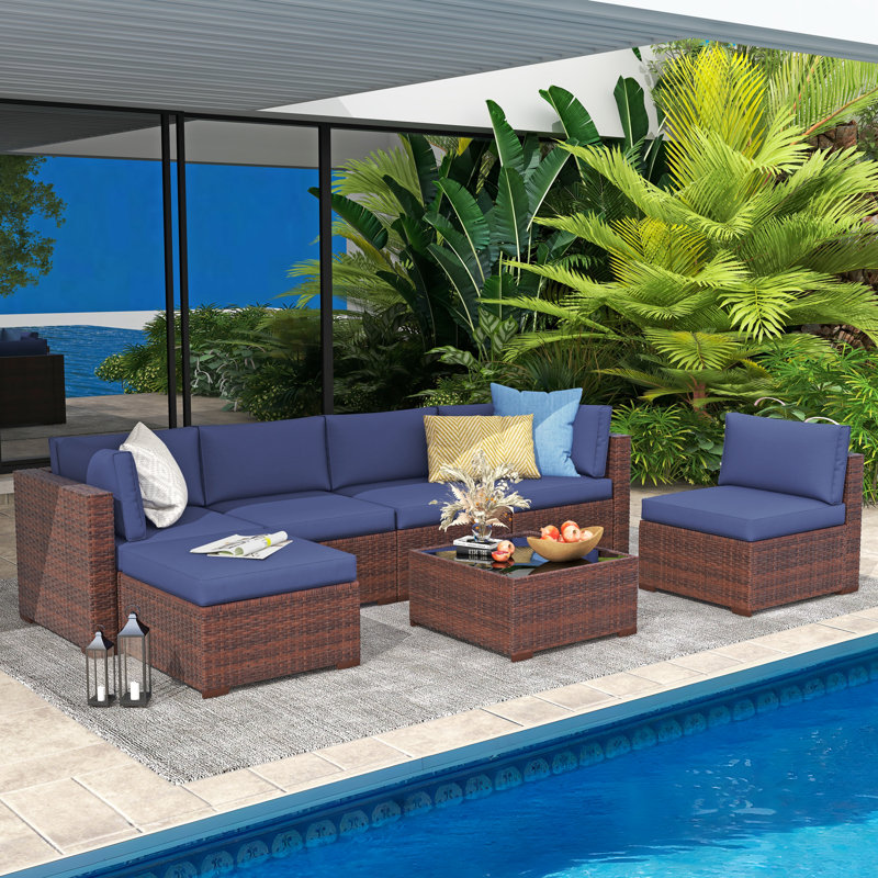 Axwell Wicker 5 - Person Modular Patio Conversation Set with Cushions, Brown Frame/Navy Cushion