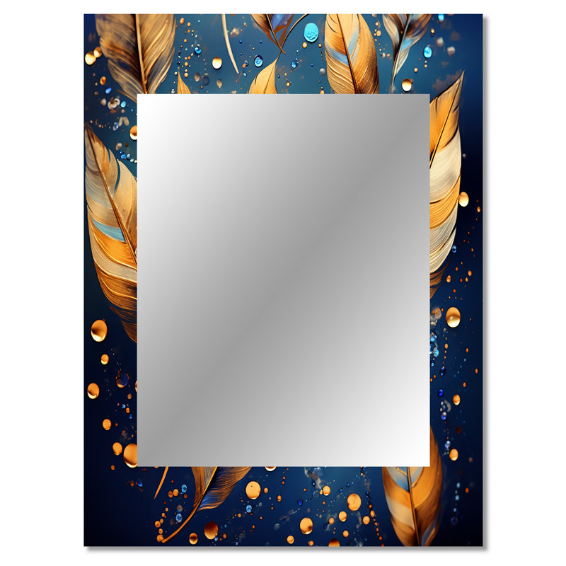Boho Glam doré plumes sur bleu cosmique I - grand miroir mural en plumes, miroir unique moderne, art imprimé en métal