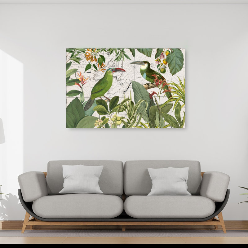 Tropical Birds Vintage Map Retro Vintage Abstract Bird City Plant Wall Art Print by Andrea Haase - Wrapped Canvas Print