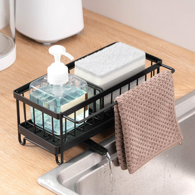 Rust-Resistant Stainless Steel Kitchen Sink Caddy With Drainage Pipe And Towel Rod – Space-Saving Organizer For Sponges, Brushes, And Cleaning Tools