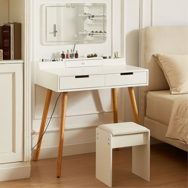 Makeup Vanity Desk With Removable Mirror And Lights, 3 Color Modes & Adjustable Brightness Dressing Table, Small Vanity Table Set With 2 Drawers For Bedroom