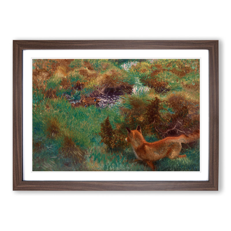 Fox Stalking Wild Ducks by Bruno Liljefors - Picture Frame Painting, 48cm H x 65cm W x 2cm D, Walnut Framed