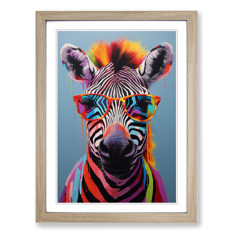 Zebra With Glasses Painting - Single Picture Frame Print on Wood, 46cm H x 34cm W x 2cm D, Oak