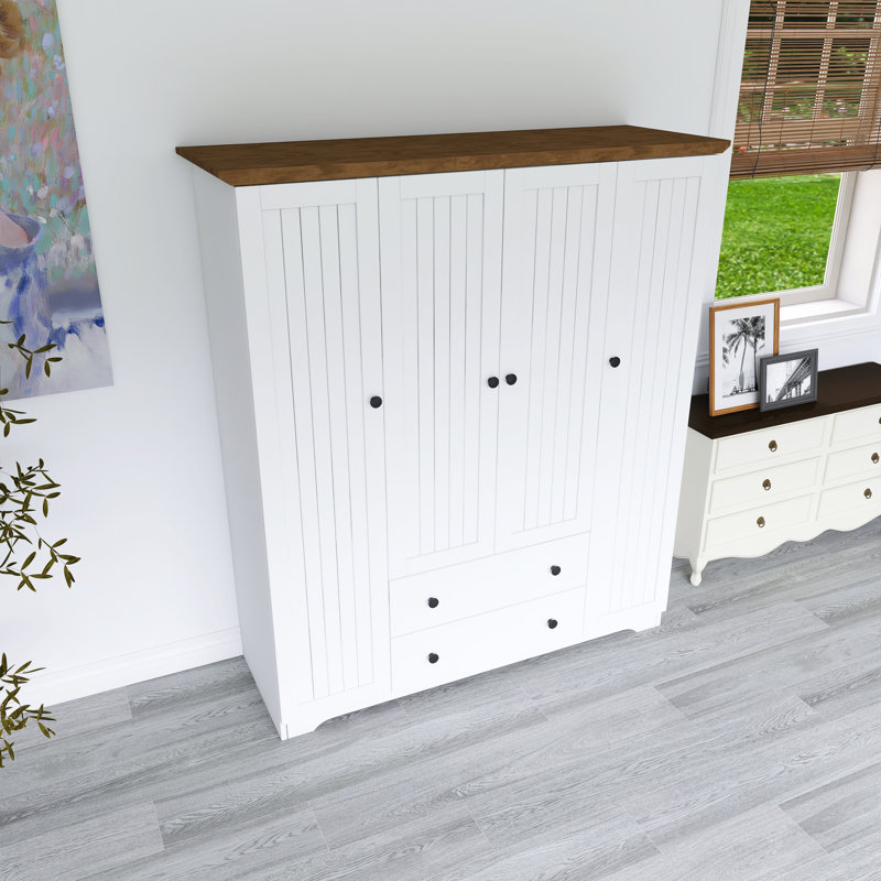 Armoire penderie en bois blanc avec tiroirs, Blanc