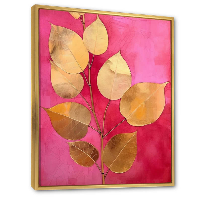 Harmony II feuilles roses et or, 32" H x 24" W, Cadre flottant doré
