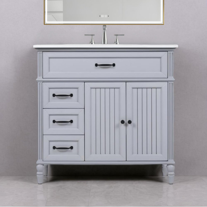 Meuble-lavabo 36 po avec plateau en céramique et panneau en bois aggloméré, Gris, Noir, noir, noir, noir