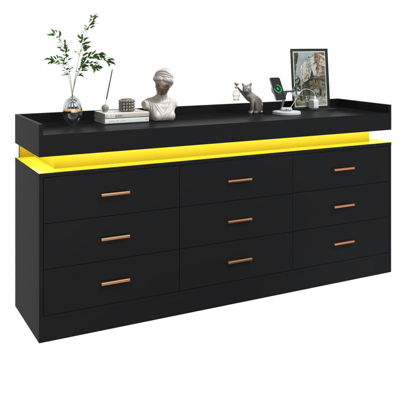 Tyson 9 - Drawer Dresser with LED Strip and Quick-charging Power Station, Black