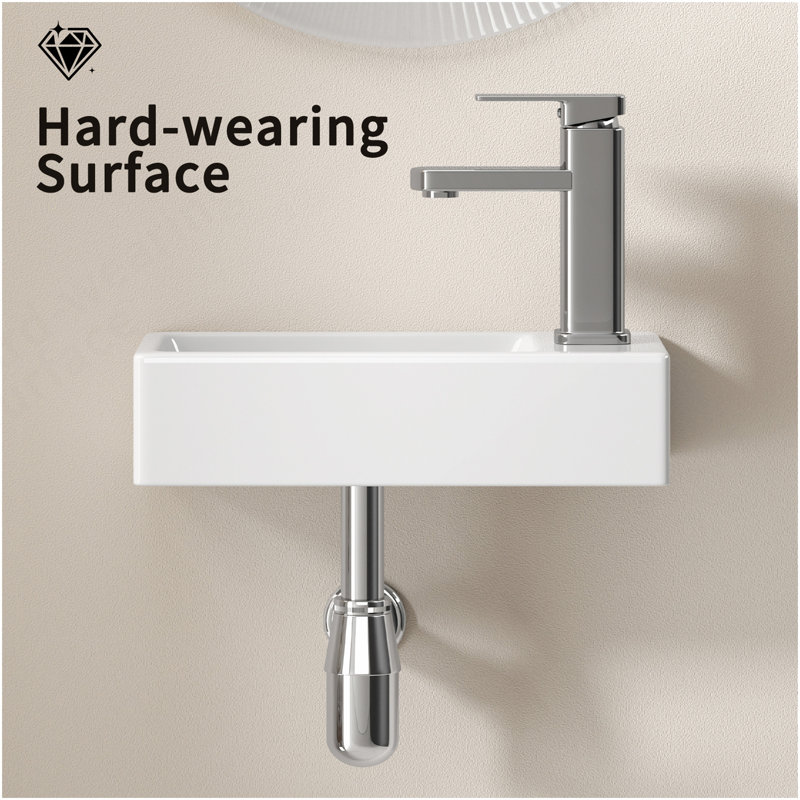 Wall-Mounted Ceramic Bathroom Sink 14.57" X 7.09" X 3.54" - White Porcelain Vessel Basin With Silver Color Faucet & Drain, Space-Saving Design For Small Bathroom, Powder Room(H8315-SET)