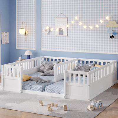 TwinHaven Double Twin Floor Bed with Semi-Enclosed Safety Guardrails