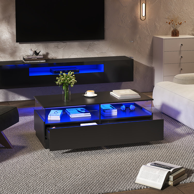 Table basse à DEL avec tiroir et panneau latéral en acrylique transparent pour le salon, Noir