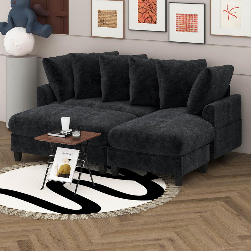 Canapé modulaire rembourré en L de 83 po avec amplement d'espace de rangement, lit convertible avec repose-pieds mobile et six coussins décoratifs en forme de L