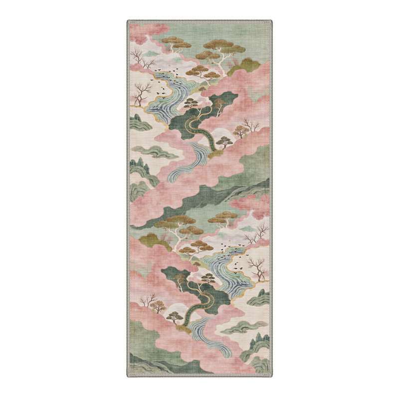 Ascentia Rustic Machine Washable Pink / Green / Beige Indoor Area Rug with Non-Slip Backing, Runner 2'3" x 6'