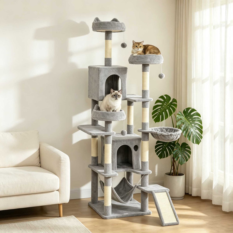 192cm Large Multi‑Level Cat Tower with 8 Sisal Scratching Posts, 3 Plush Beds & 2 Hammocks, Gray