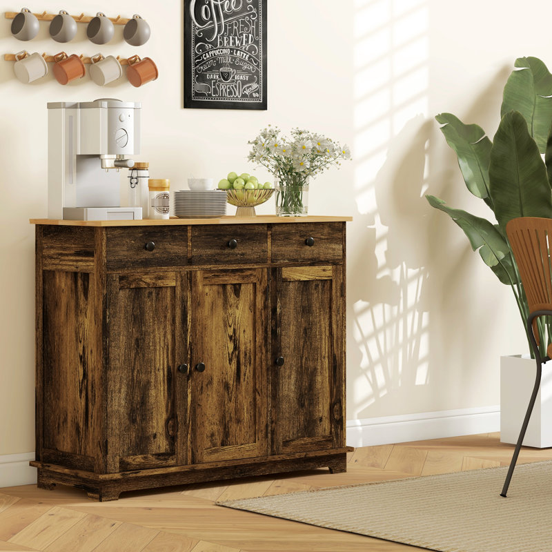 Buffet rustique brun, avec 3 tiroirs, portes et tablette réglable pour les tiroirs de cuisine