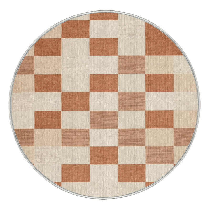 Machine Washable Checkered Beige Area Rug, Round 5'