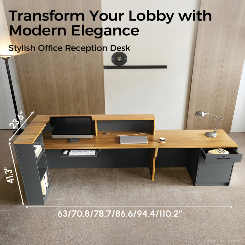 Bureau de réception en L 87 po avec comptoir, comptoir avant moderne avec armoire de rangement, tablettes ouvertes, tiroir verrouillable et plateau à clavier pour le bureau, le hall d'entrée et la caisse