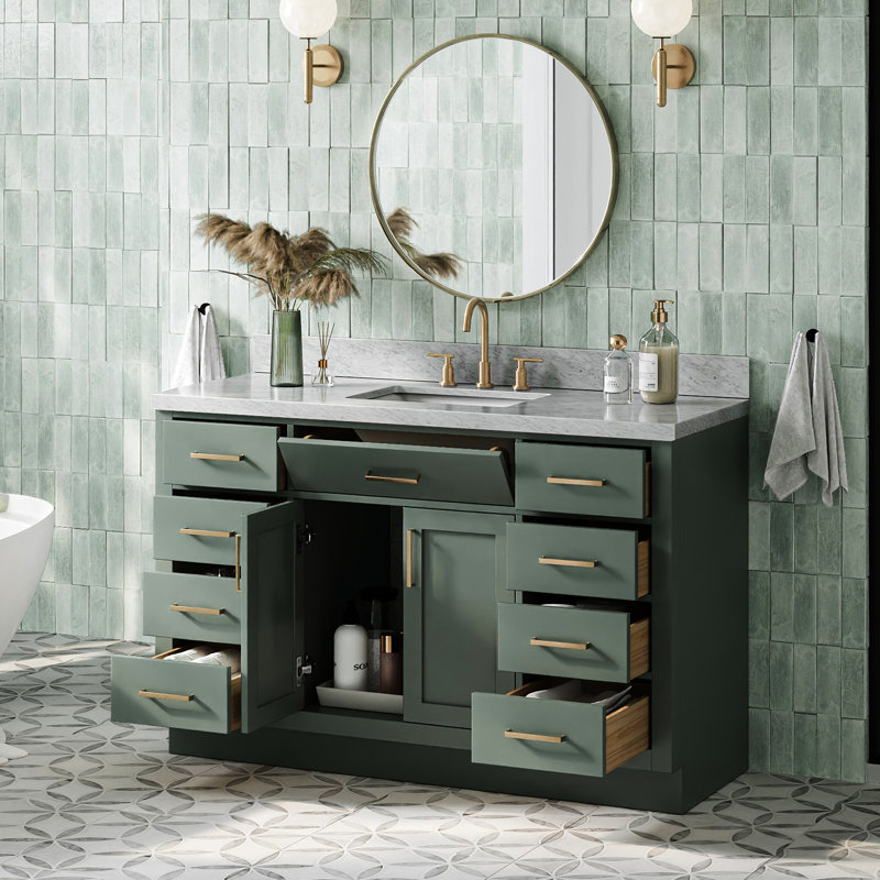 Odea 54'' Solid Wood Single Bathroom Vanity with 1.5'' Carrara Marble Top Sink, Rectangular, Vintage Green / Satin Brass