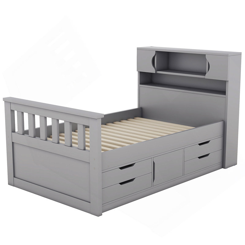 Base de lit plateforme avec bibliothèques de rangement, tablettes et tiroirs Captain, Gris