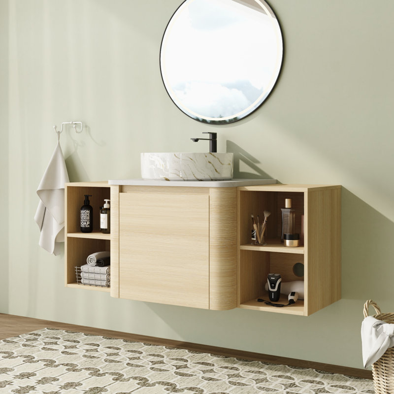 Ensemble de meuble-lavabo mural simple 48 po avec plateau en pierre reconstituée et portes à fermeture en douceur 48 po