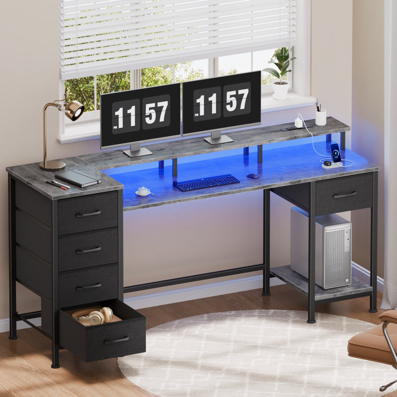 Computer Desk with Monitor Stand & Charging Station, Gaming Desk with LED Lights & Drawers, 29.8" H x 55.1" W x 18.8" D