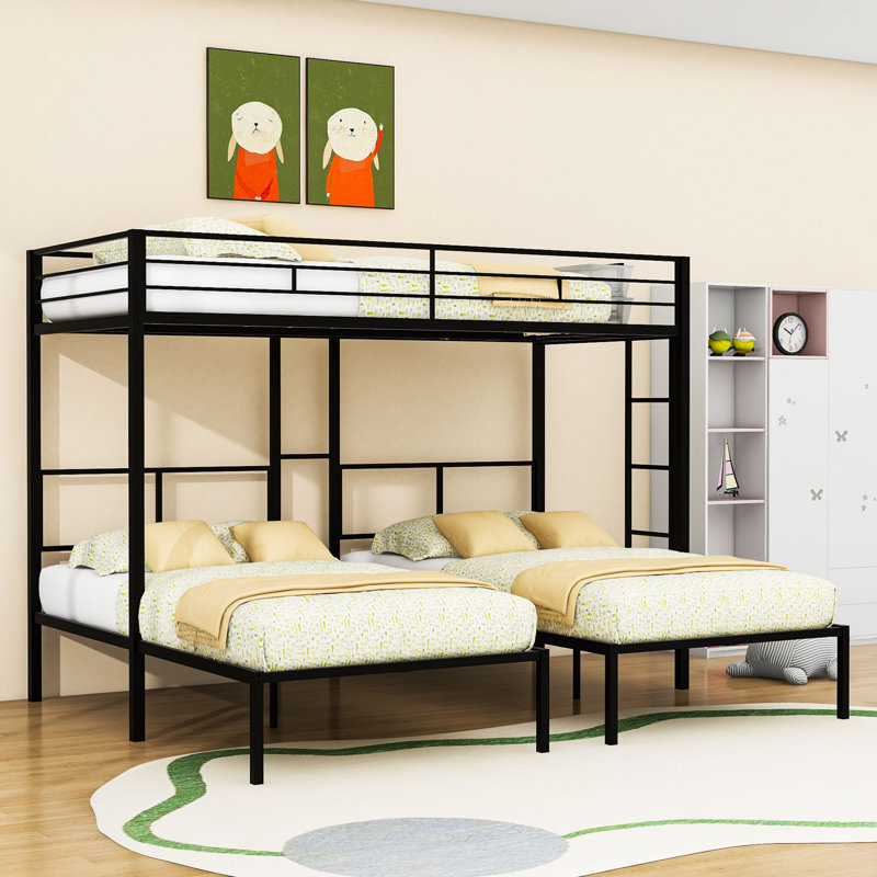 Twin Over Twin And Twin Metal L-Shaped Triple Bunk Bed With Built-In Side Table And Ladder