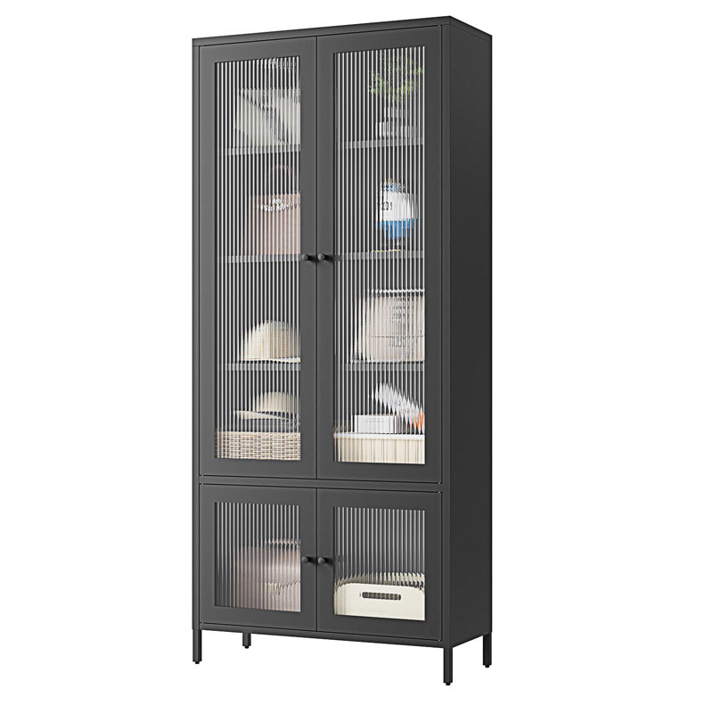 Bibliothèque en métal, armoire de rangement avec portes en verre cannelé, bibliothèque avec rangement