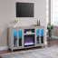 Meuble télé 70 po avec finition gris clair et console avec chaufferette, lumière DEL, armoires, tablettes