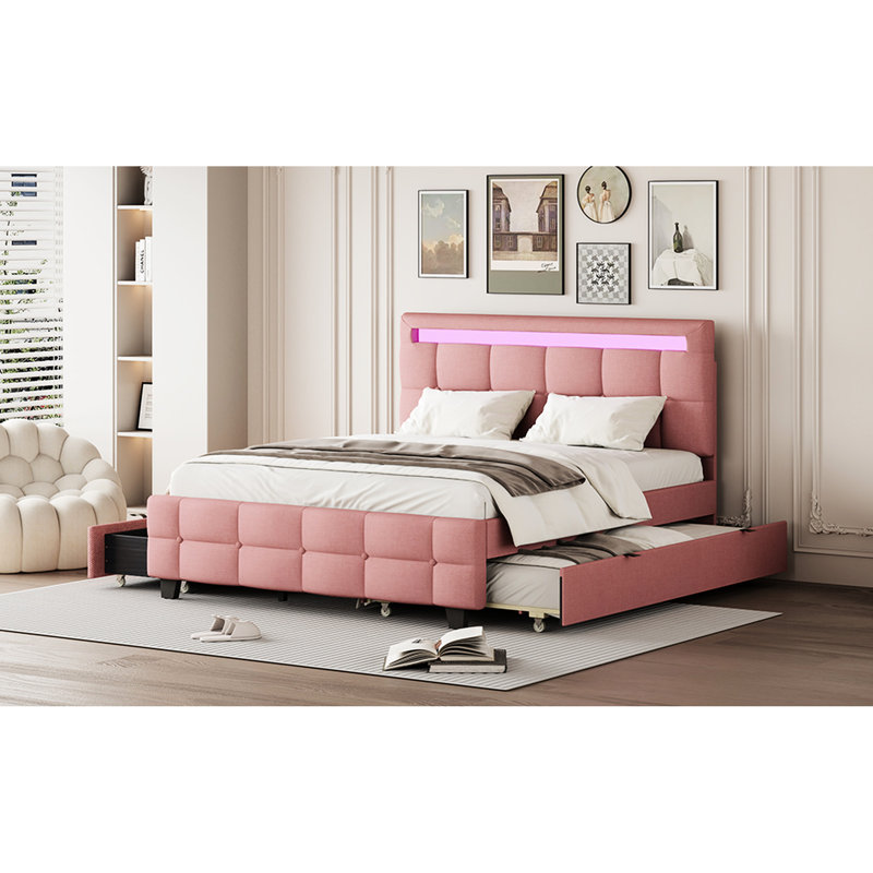 Lit tapissier grand en lin avec 2 tiroirs, lit gigogne simple TG, cadre à DEL rose