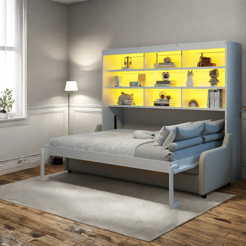 Lit escamotable en bois et en MDF peu encombrant, style moderne avec rangement intégré et canapé
