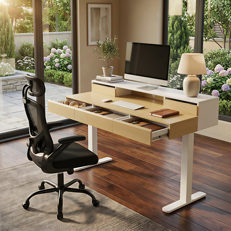 Electric Height-adjustable Desk & Chair Set, 5-drawer Height-adjustable Desk & Ergonomic Office Chair, Black/White/Beige