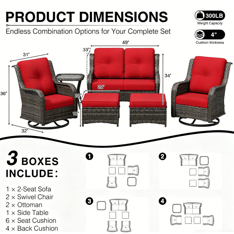 Ensemble de mobilier d'extérieur pour 4 personnes avec causeuse, chaises pivotantes, table d'appoint et coussin rouge, Red