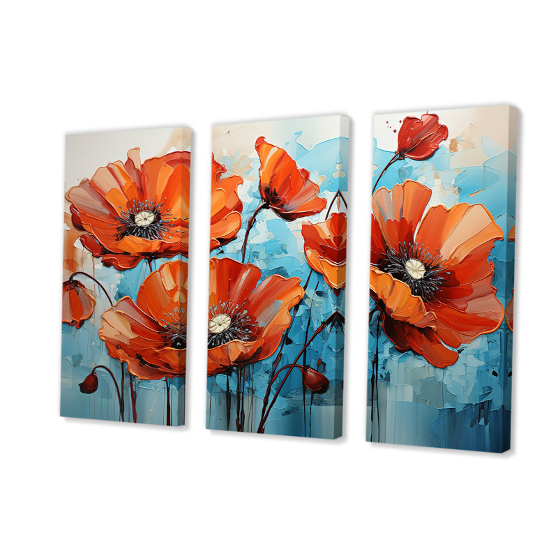 Orange et bleu «Poppy Meadow» - art mural coquelicots, Toile tendue, H 32 po x l 48 po