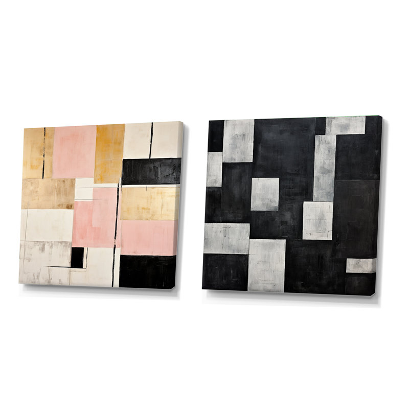 Rose et noir cubisme rêve - formes abstraites carrées collage ensemble de 2, Toile tendue, H 36 po x l 73 po