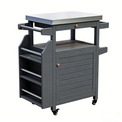 Outdoor Grill Table with Storage |  Stainless Steel Top Prep Station, Mobile Grill Cart on Wheels, Solid Wood for Backyard Patio BBQ by Laurel Foundry Modern Farmhouse