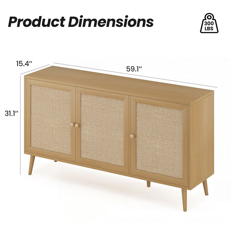 Buffet moderne à porte en rotin avec rangement spacieux et élégant pour le hall d'entrée et le salon, Naturel