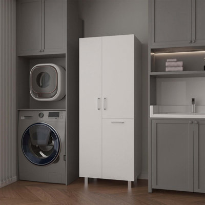 Armoire de rangement moderne à un tiroir avec deux portes et pieds en métal, offrant beaucoup de rangement et un style contemporain pour l'organisation de la salle de bain