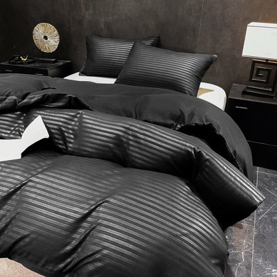 Literie Orylavena en microfibre à rayures satinées noires avec 2 taies d'oreiller, format King, 3 pièces (garnitures non comprises)