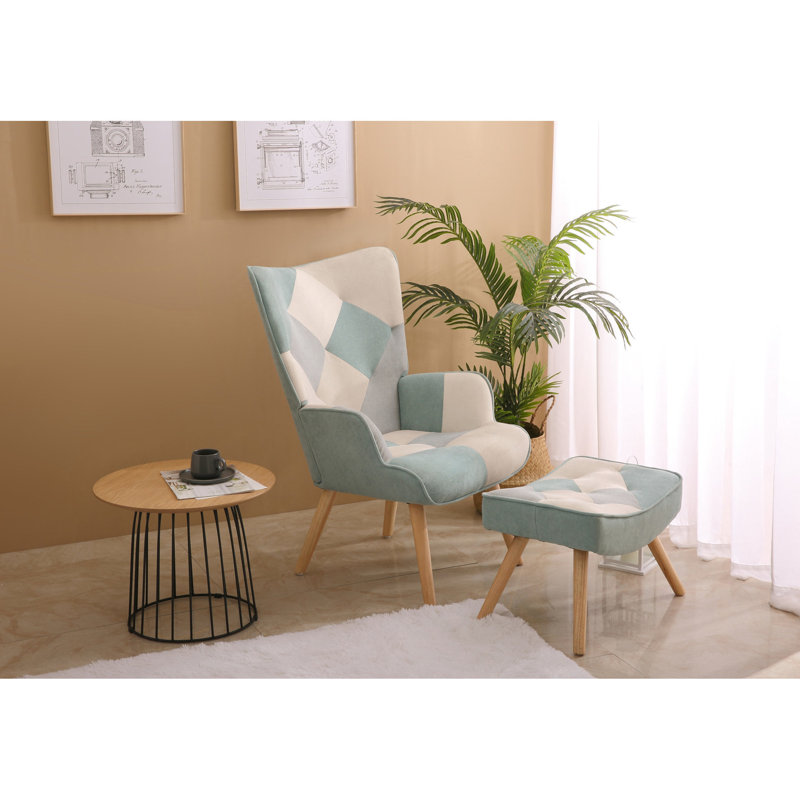Chaise d'appoint de chambre à coucher avec - Fauteuil en lin bleu, épissage à la mode et structure en bois massif, salon, cadre de surface créatif et confortable