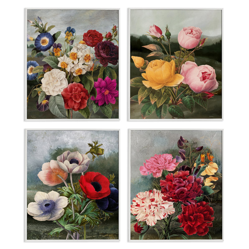  «Vintage Cottage Blooms», ensemble de 4 giclées par Carol Robinson, H 14 po x l 11 po, Giclée encadrée blanc bord de mer
