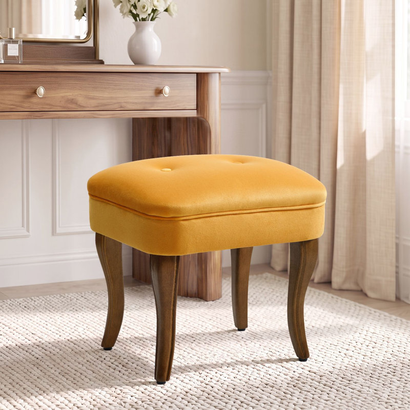Tabouret de coiffeuse rembourré de 18,5 pouces avec pieds en bois massif, Jaune