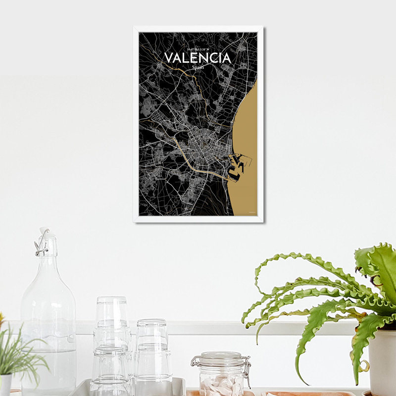 Valencia, carte de la ville, impression, H 17 po x l 11 po, Noir et or