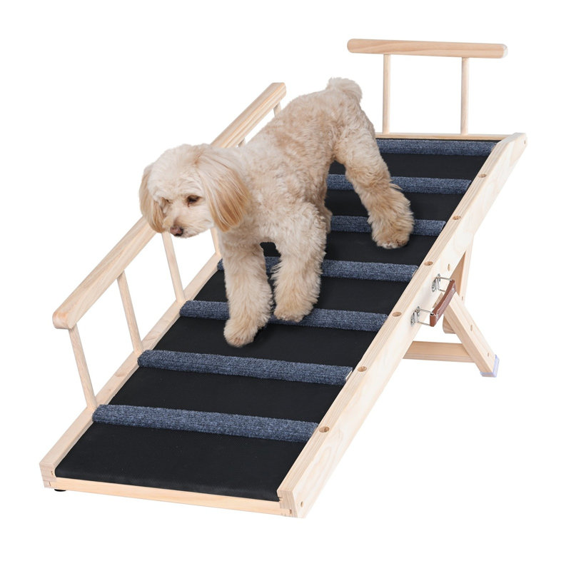Rampe pliante en bois pour chien, 120 cm (47,2 pouces), réglable en hauteur (6 positions), pour lit, canapé et voiture, avec revêtement antidérapant en caoutchouc et capacité de charge de 113 kg (250 livres), marron