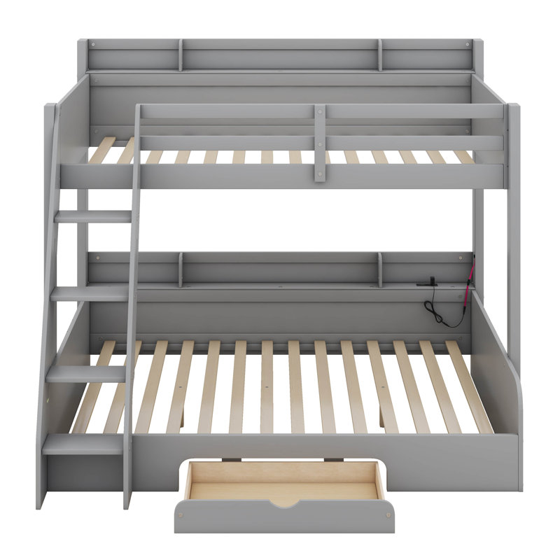 Lit simple superposé au dessus d'un lit double avec tiroir de rangement, lit en bois massif avec tablettes, DEL, station de charge pour enfants, adolescents, adultes