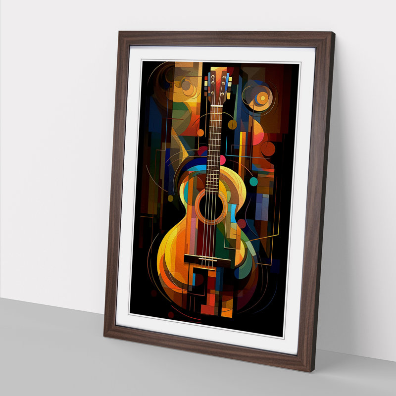 Acoustic Guitar Art Deco No.2 - Single Picture Frame Print on Wood, 46cm H x 34cm W, Walnut Framed